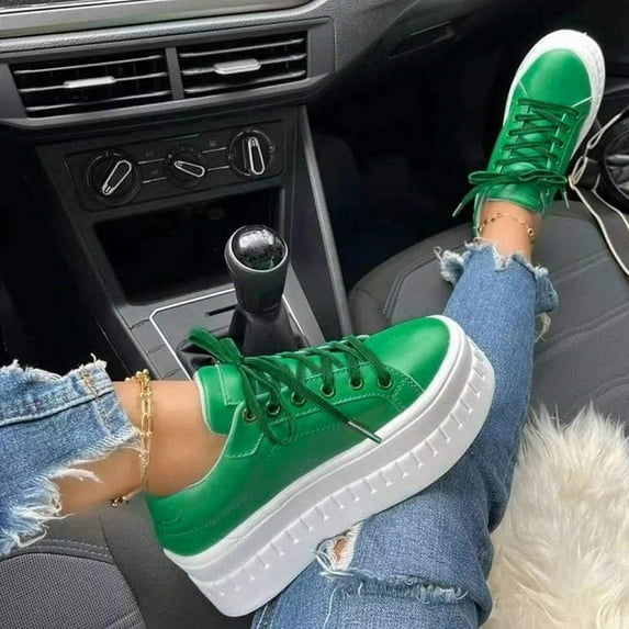 Aayomet Women Casual Shoes 9 New Ladies Fashion Solid Color Leather Round Toe Lace Up Platform Casual Shoes,Green 8