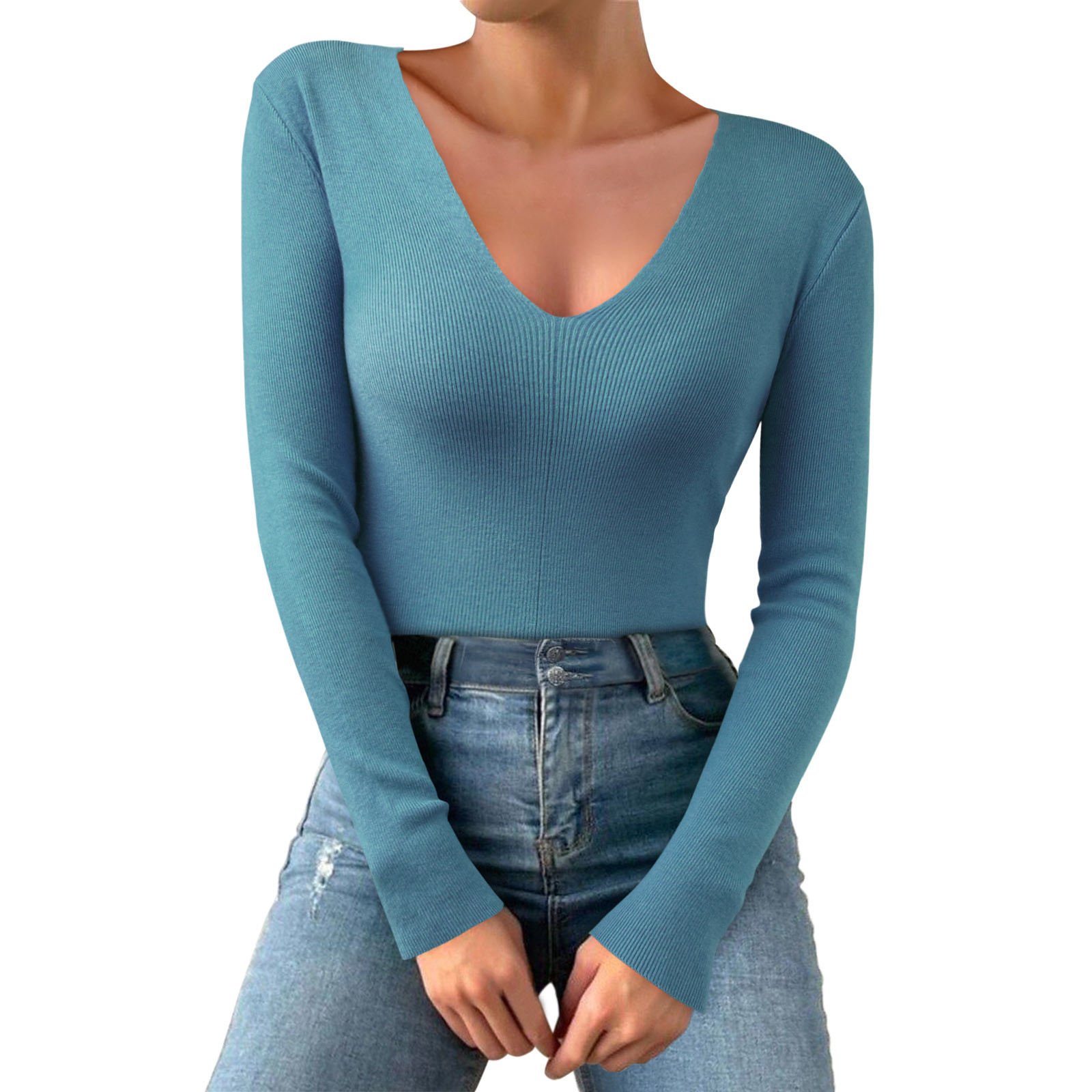 Aayomet Women Casual Solid Color Deep V Neck Stretch Knit Long Sleeve Top Thermal Long Sleeve