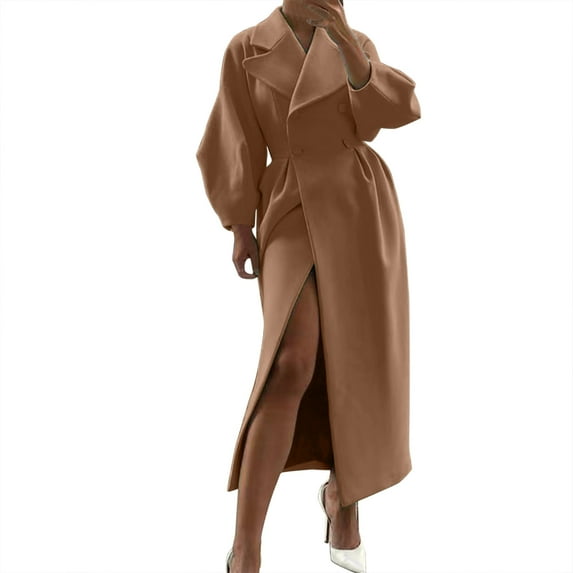 Aayomet Women Fashion Trench Coat Casual Solid Color Long Sleeve Lapel Double Mid Length Office Outwear,Brown L