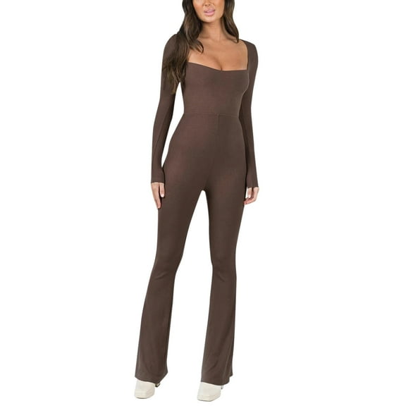 Aayomet Women Fashion Yoga Hollow Back Strap Jumpsuits Workout Ribbed Long Sleeve Sport Jumpsuits,Coffee L