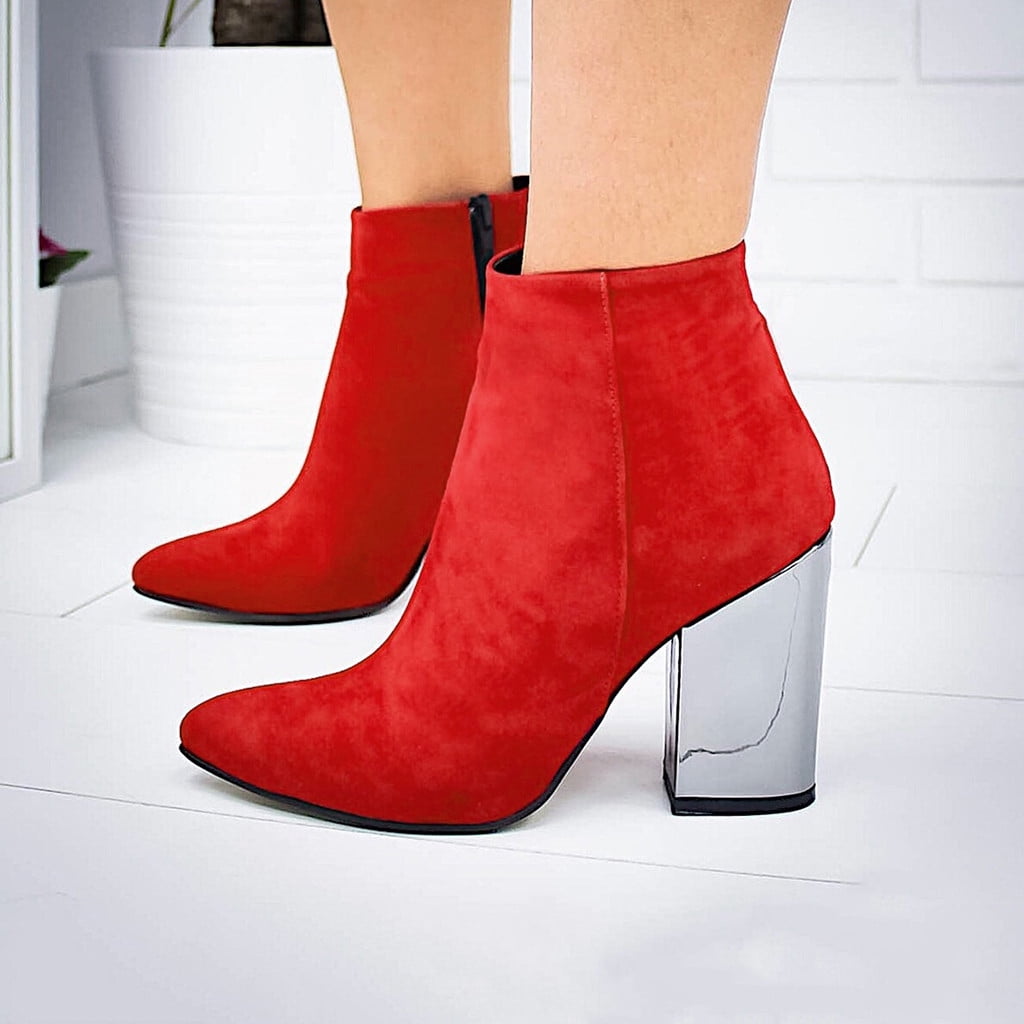 Aayomet Women High Heel Flock Solid Ankle Boots Pointed Toe Zipper Casual Shoes Knee High Heel