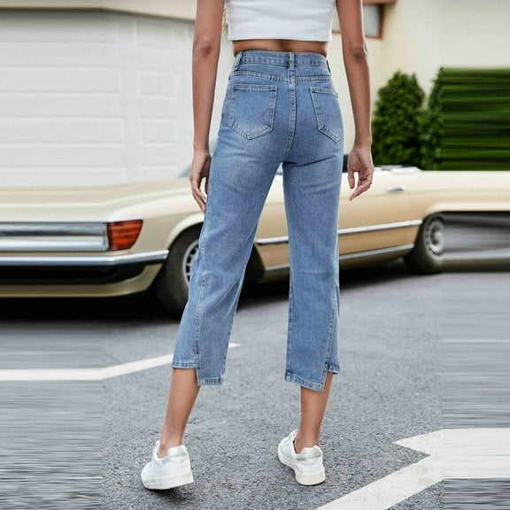 Aayomet Women Jeans Stretchy Women's High Waist Cargo Jeans Flap Pocket Wide Leg Denim Pants,Blue L