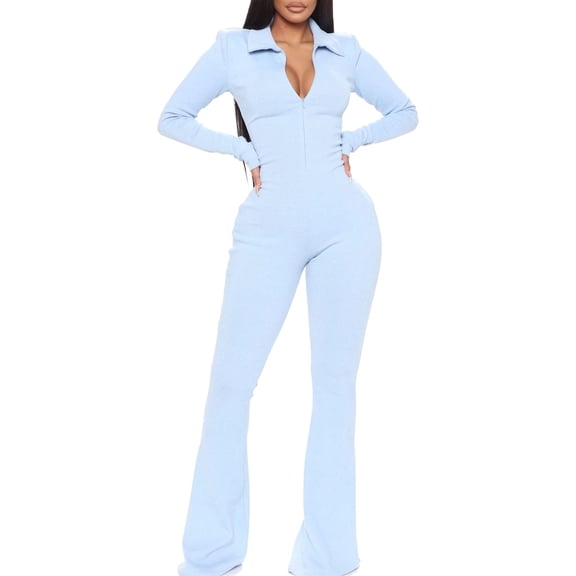Aayomet Women Jumpsuits Autumn Ladies Office Rompers Flare Pants Zipper Long Sleeve Turndown Collar Plus Size Women Jumpsuits,Blue XXL