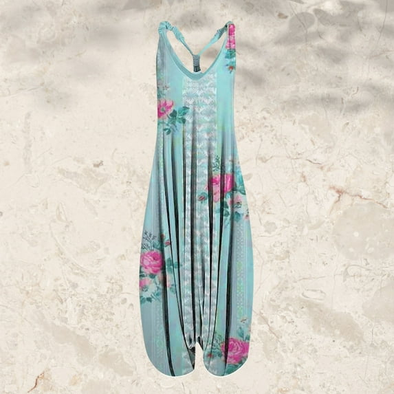Aayomet Women Jumpsuits Womens Vintage Cashew Flowers Prints Straps V Neck Rompers Playsuit Jumpsuit,Blue 5XL