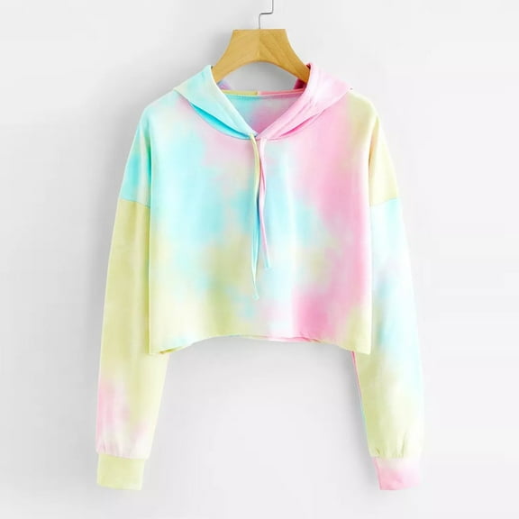Aayomet Women Pullover Cropped Hoodies Long Sleeves Colorblock Tie Dye Sweatshirts Casual Crop Tops Sky Blue,L