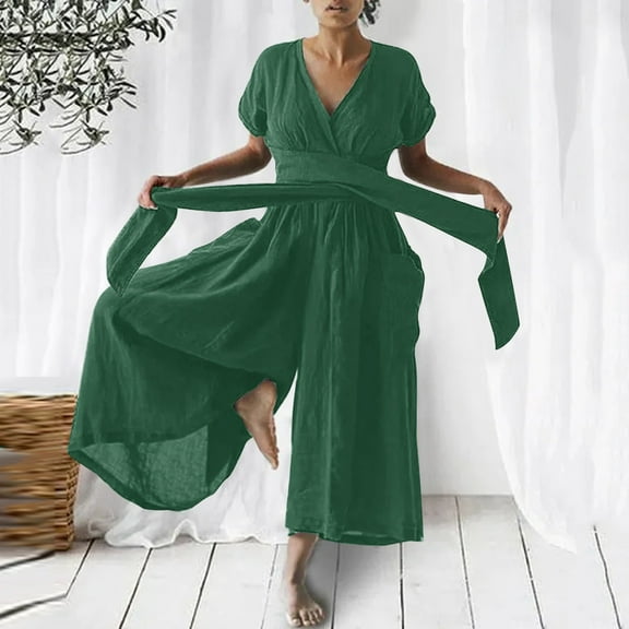 Aayomet Women'S Jumpsuits Women Casual Solid V Neck Jumpsuit Short Sleeve Linen Loose Belt Jumpsuit Long Pocket Rompers,Green L