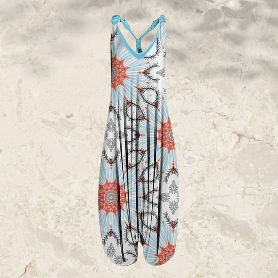 Aayomet Women'S Jumpsuits Womens Vintage Flower Prints Straps V Neck Rompers Playsuit Jumpsuit,Blue S