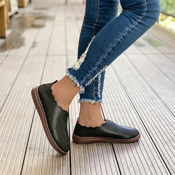 Aayomet Women Shoes Casual Slip on Ladies Fashion Solid Color Printing Leather Round Toe Comfortable Flat Casual Shoes,Black 7.5
