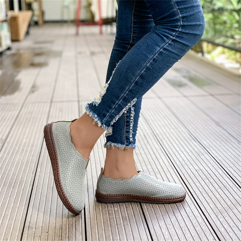 Aayomet Women Shoes Casual Slip on Ladies Fashion Solid Color Printing  Leather Round Toe Comfortable Flat Casual Shoes,Gray 7