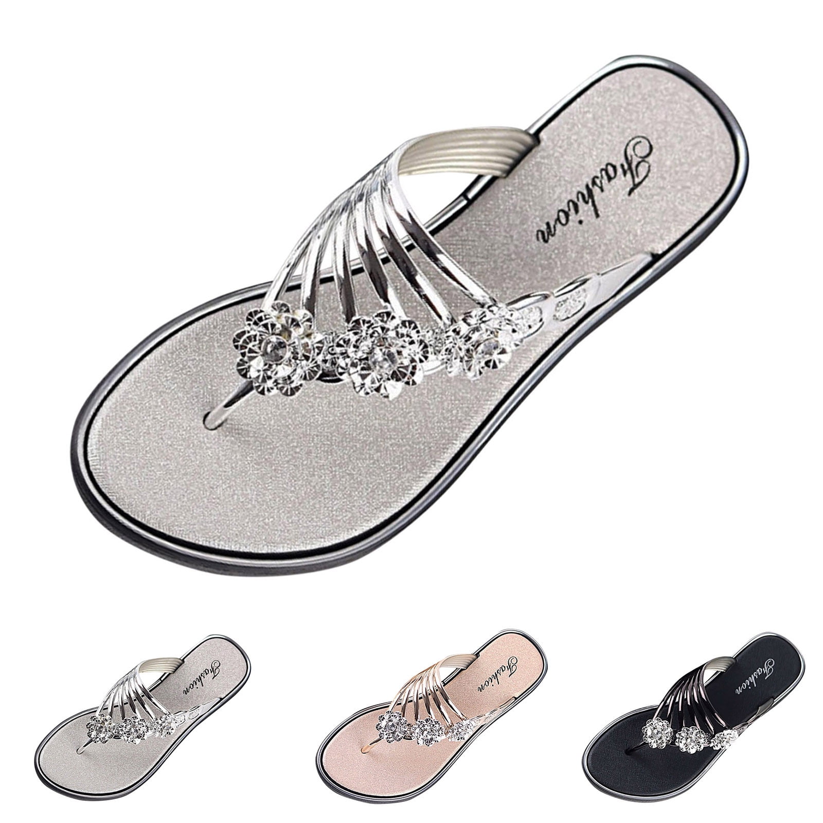 zuwimk Flat Sandals For Women,Womens Comfortable Cloth Strap Flip Flops  with Arch Support Silver - Walmart.com