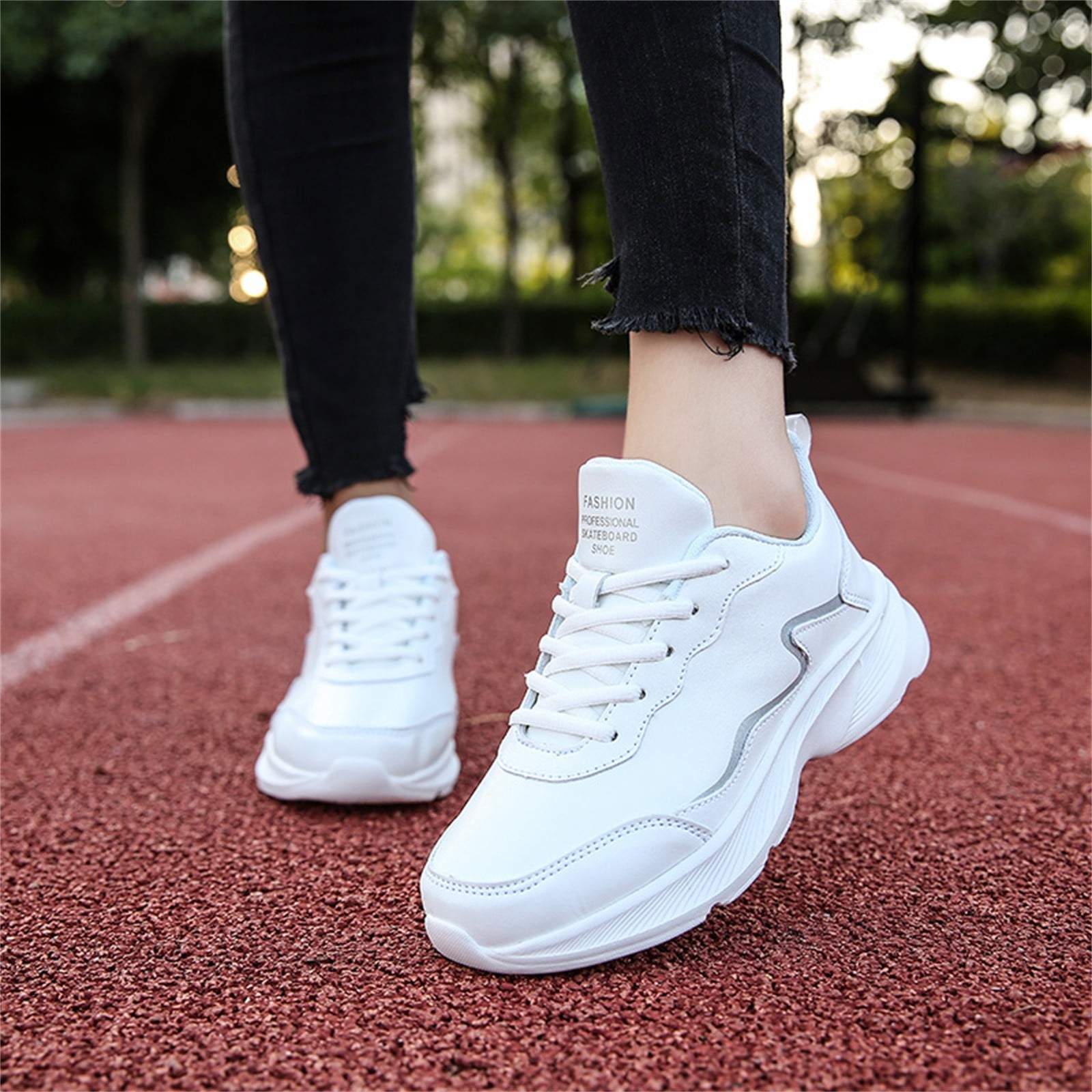 Aayomet Women Sneakers Color Heel Fashion Ladies Head Flat Round Lace-up  Leather Shoes Solid Women's,White 9.5