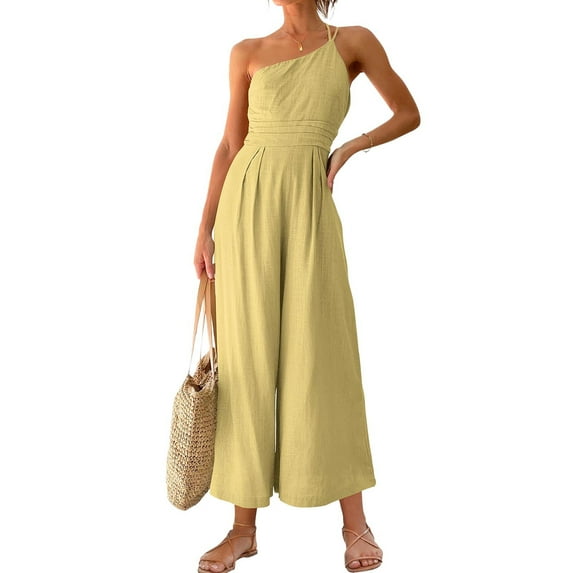 Aayomet Women Summer Straps One Shoulder Dressy Casual Wide Leg High Waist Jumpsuit Romper With Pockets,Yellow L