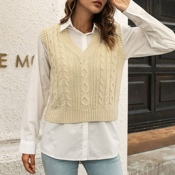 Aayomet Women Sweater Vest Sweater Vest Preppy Style Sleeveless Crop Knit Vest (Beige, L)