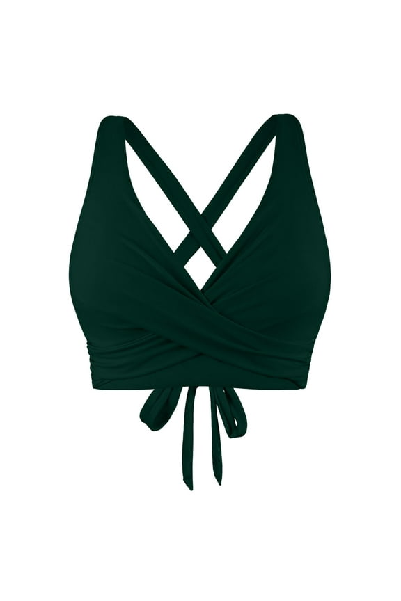 Women Underwire Full Coverage Bikini Top Only Criss Cross Push Up Swim Crop Top Tie Back Bathing Suit (Green, M)