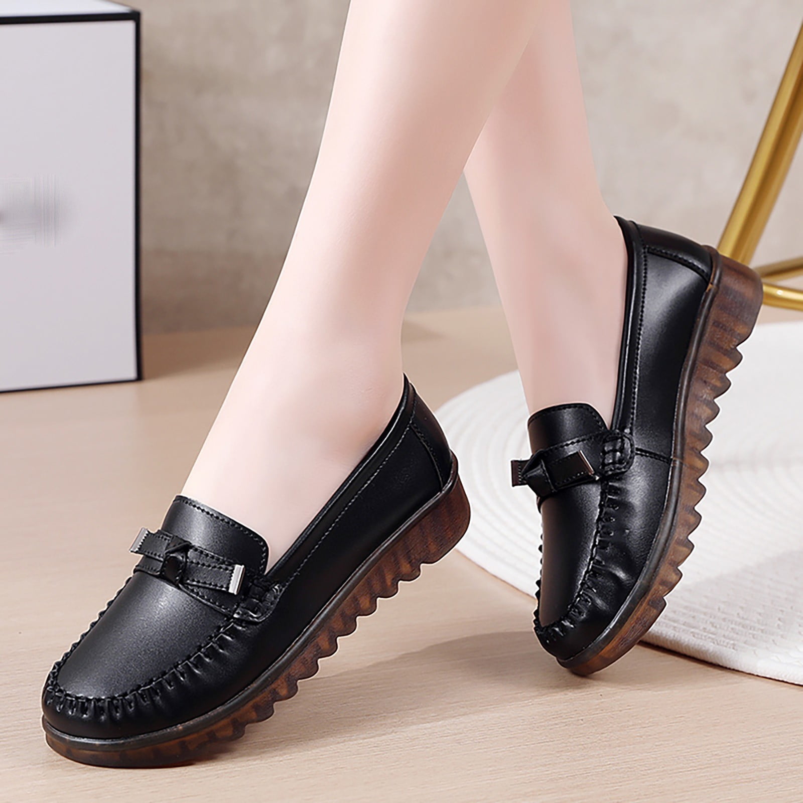 Aayomet Women Wedge Size 8 Women Comfort Walking Flat Loafer Slip On Leather Loafer Comfortable Flat Shoes Outdoor Driving Shoes Black 7