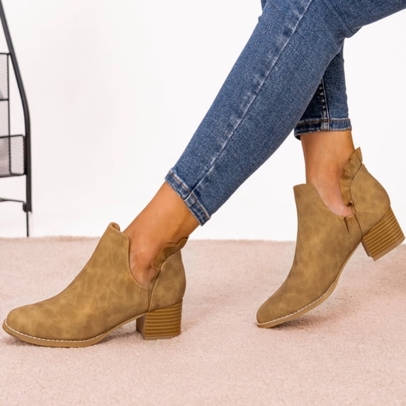 Aayomet Women Winter Boots Boots Thick Heeled High Heels Ruffled Edge Boots Ankle Thick Heeled Pointed Short Boots (Beige, 11)