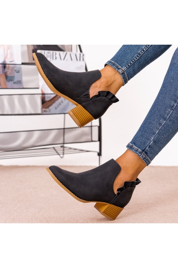 Women Winter Boots Boots Thick Heeled High Heels Ruffled Edge Boots Ankle Thick Heeled Pointed Short Boots (Black, 11)