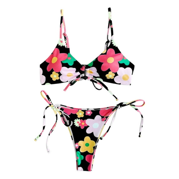 Aayomet Women's Bikini Swimsuits Women's Swimsuit Flower Print Split Bathing Suit Swimwear Two-Piece Beachwear Set Bikini,Black M