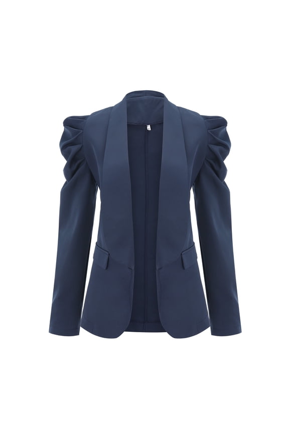 Women's Blazer Suit Puff Sleeve Open Front Office Blazers Bussiness Jackets Work Suit With Pockets (Blue, L)