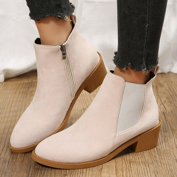 Aayomet Women's Boots Solid Color Suede Pointed Side Zipper Thick Heel Short Boots (Beige, 8)