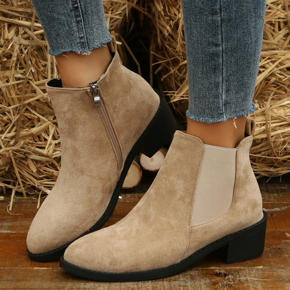 Aayomet Women's Boots Solid Color Suede Pointed Side Zipper Thick Heel Short Boots (Khaki, 6.5)