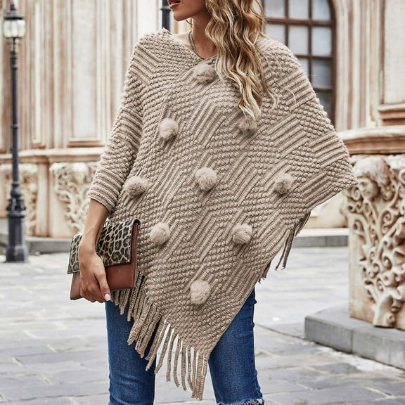 Aayomet Women's Cardigans FurBall Fringe Shawl Sweater Fashion Knit Jacket (Khaki, M)