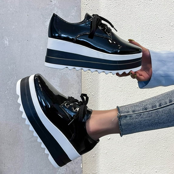 Aayomet Women's Fashion Sneakers Casual Strap Shoes Toe Bright Color Platform Leather Fashion Women's Solid Women's,Black 7