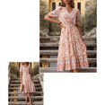 thumbnail image 1 of Aayomet Women's Formal Dresses Printed V Neck Mid Length Dress With Wooden Ear Edge In Pink,Pink M, 1 of 5