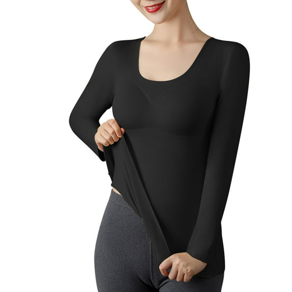 Aayomet Women's German Velvet Seamless Thermal Underwear Solid Color Slim Bottom Outer Wear Thick Warm Long Sleeves With Chest Pad Thermal under Clothes,Black M