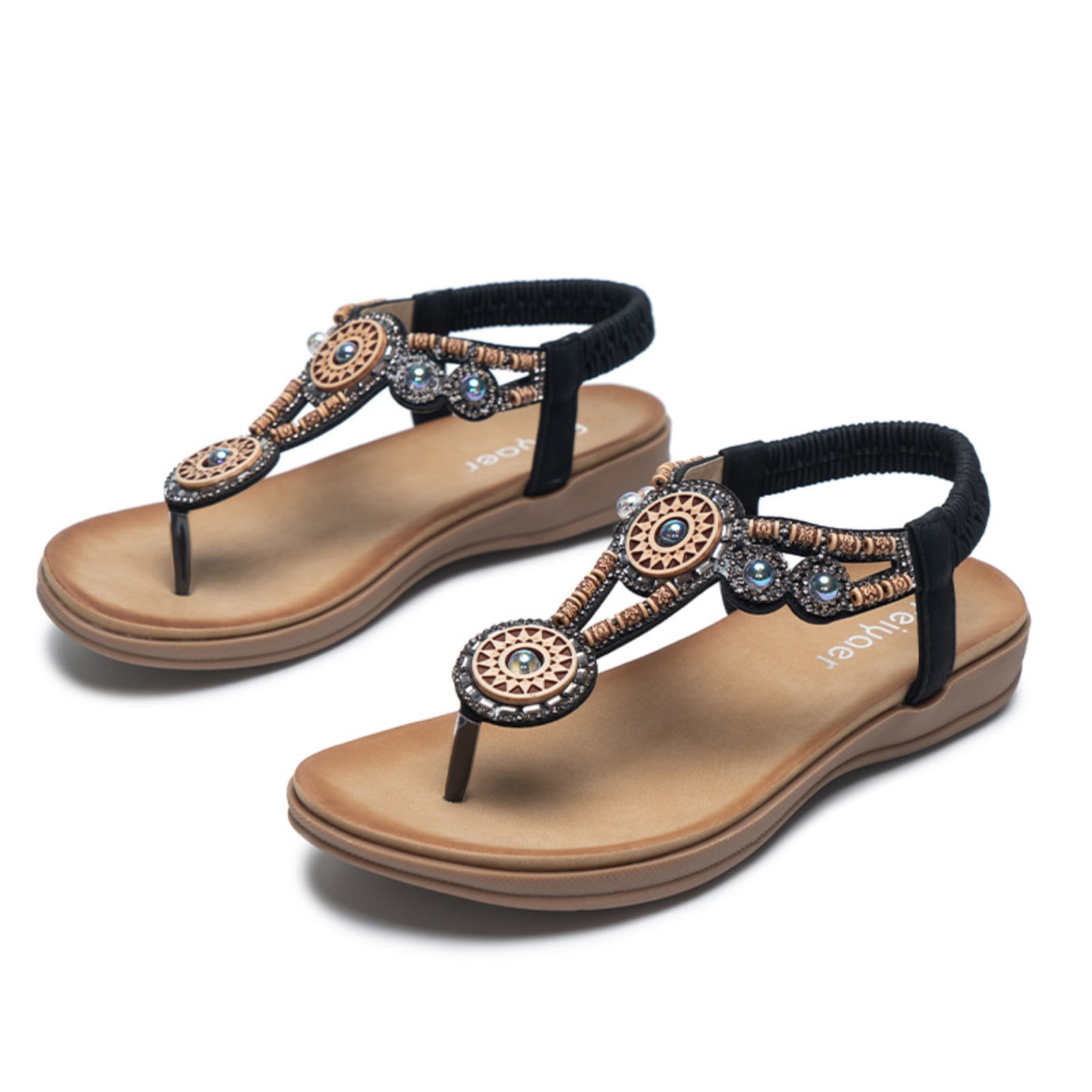 Aayomet Women's Heeled Sandals FashionWomen Ladies Summer Flower Design  Bohemia Sandals Open Toe Shoes Flip Flog Flat,Black 8