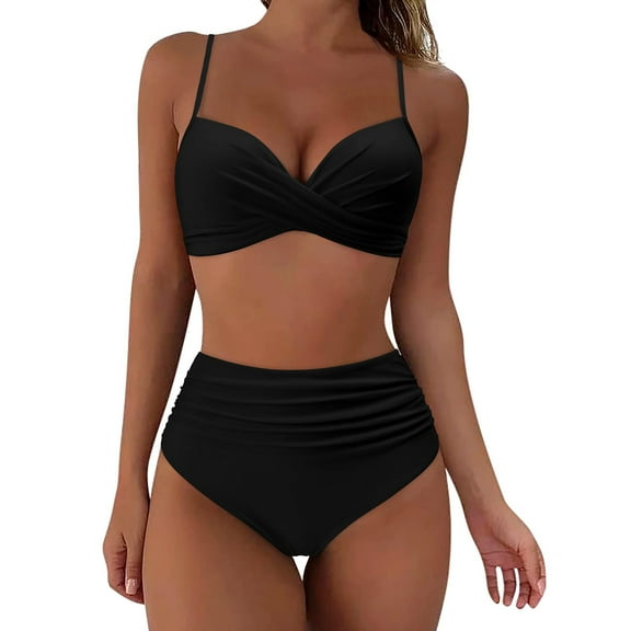 Aayomet Women's High Waisted Bikini Sets Sporty 2 Piece Swimsuit High Cut Ribbed Bathing Suit (Black, L)