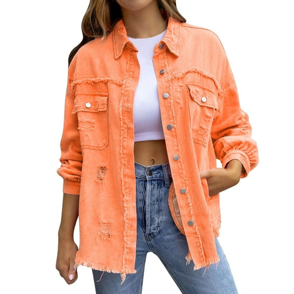 Aayomet Women's Jean Jacket Oversized Denim Jacket Casual Long Boyfriend Distressed Denim Jacket (Orange, L)