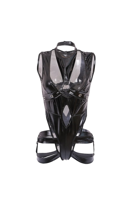 Women's Lingerie Women’s Wet Look Lingerie Leather Bodysuit Mesh Patchwork Neck High Cut Leotard Bodysuit Clubwear,Black 3XL