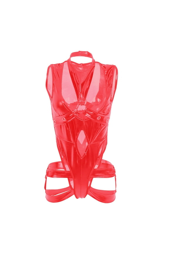 Women's Lingerie Women’s Wet Look Lingerie Leather Bodysuit Mesh Patchwork Neck High Cut Leotard Bodysuit Clubwear,Red XL