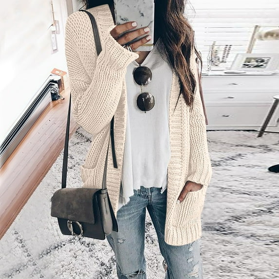 Aayomet Women's Long Cardigans Front Knit Sweater Cardigan Casual Loose Solid Color Long Cardigans Outerwear with (Beige, XXL)