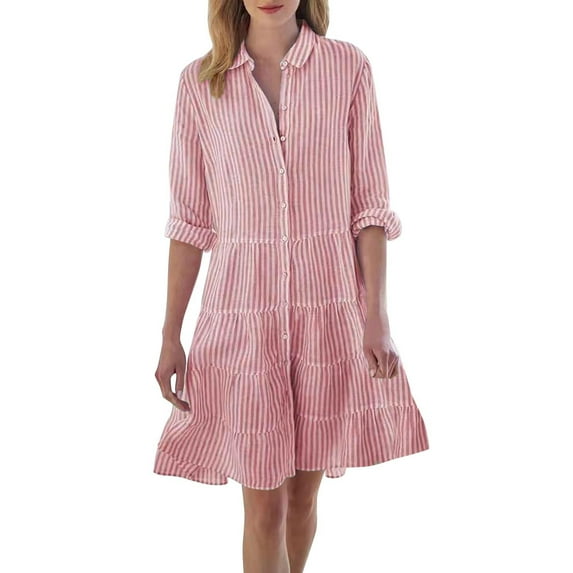 Aayomet Women's Long Sleeves Maxi Dress Long Sleeve V Neck Button Down Loose Flowy Tiered Mini Dress with Belt,Pink L