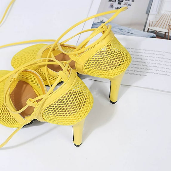 Aayomet Women's Mesh Heels Breathable Toe Strap High Sandals Fashion Summer Women's high heels Women High Heel Shoes Size 6,Yellow 9.5