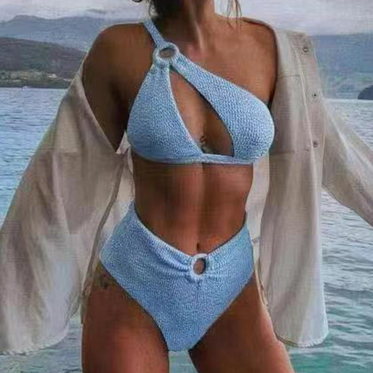 Aayomet Women's One Shoulder Solid Color Split Bathing Suit Swim Bras for  under Swimsuits,Light Blue Medium