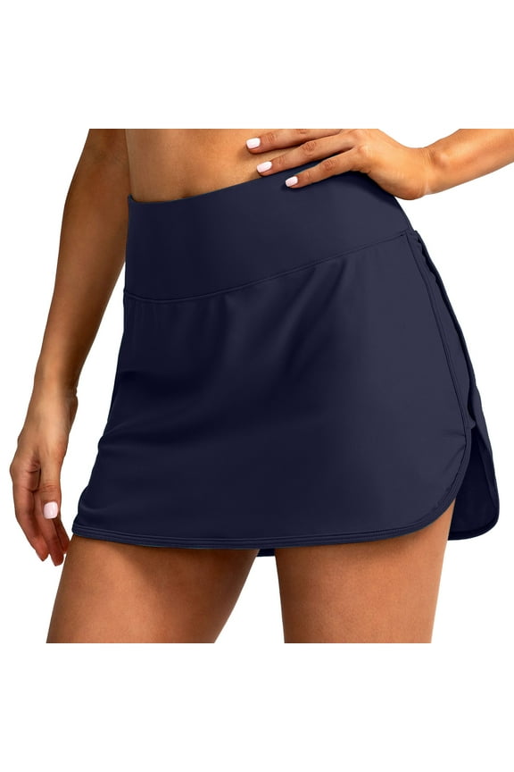 Women's Solid&Leaf&Leopard&Print Swim Skirt High Waisted Bathing Suit Skirt Bikini Womens Boy Shorts Swim Bottoms,Dark Blue Medium