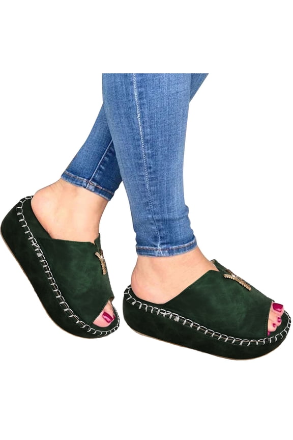 Women's Wedge Sandals Comfortable Soft Leather Platform Shoes Summer Outdoor Cross-Strap Slide Sandal Female Adult,Green