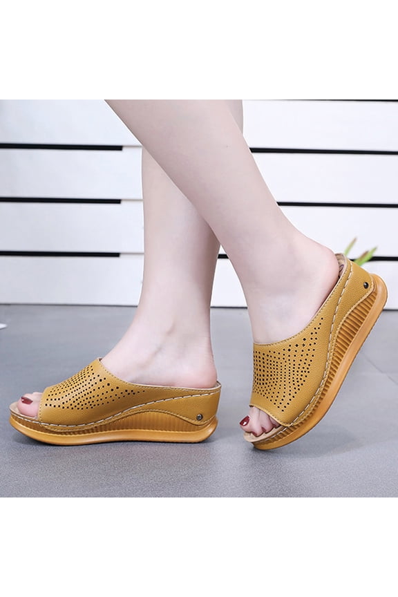 Women's Wedge Sandals Low-heeled Open Toe Fashion Casual Summer Slide Sandals,Yellow