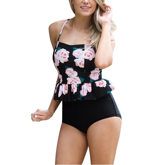 Aayomet Womens Bathing Suits Ladies Summer Suspenders Back Strap Printing Stripe Solid Color Retro High Waist Ruffle Trim,Black XL