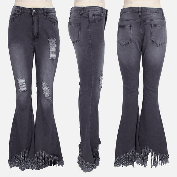 Aayomet Womens Bell Bottom Pants Women'S Fashion Matching Slim Wide Leg Washed Ripped Denim Flare Pants,Black M