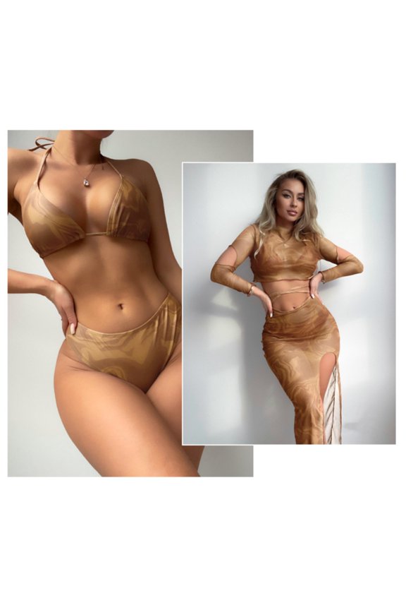 Womens Bikini Lace Split Bikini Four Piece Swimsuit Set,Khaki S