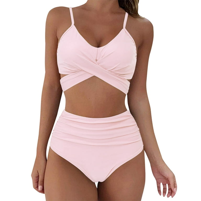 Aayomet Womens Bikini Liquid Metallic Glitter Two Piece Push Up Swimsuit  Female Shiny Solid High Cut Beachwear,Pink M