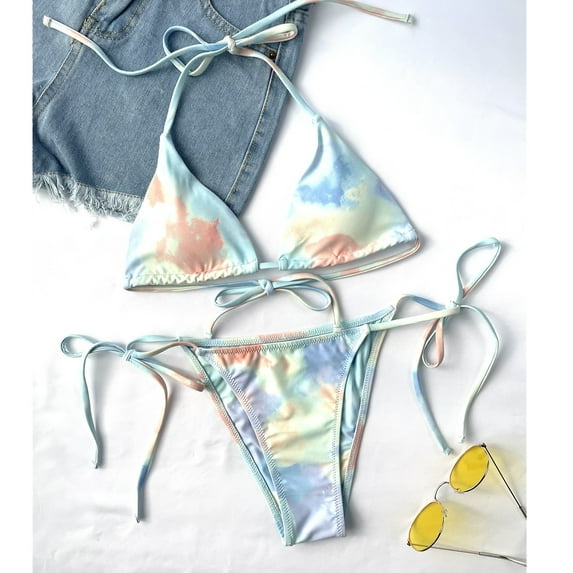 Aayomet Womens Bikini Push-Up Knotting Women Beachwear Swimwear Bra Padded Bikini Two-Piece Tie-dye Swimwears Tankinis Set,Blue S