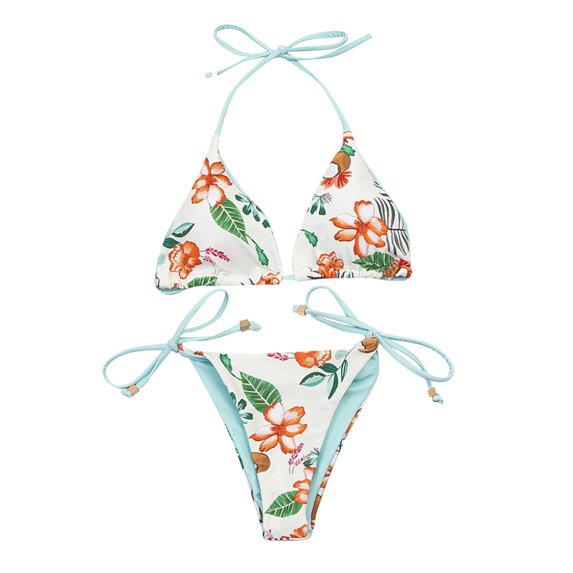 Aayomet Womens Bikini Women Lace Up Neck Hanging Swimsuit Set Double Waist Rope Bikini Printed Swimsuit Two Piece Suit,White S