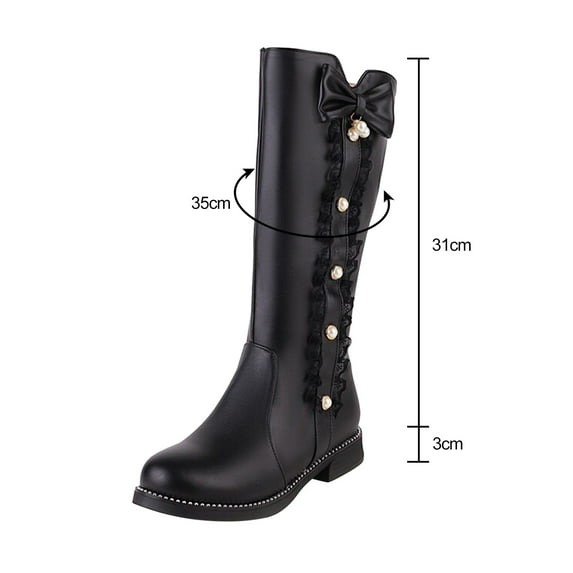 Aayomet Womens Boots Fashion Bow Solid Color Flat Round Toe Square Heel Middle Long Student Style Boots (Black, 7.5)