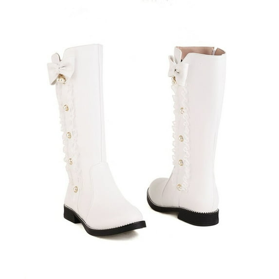 Aayomet Womens Boots Fashion Bow Solid Color Flat Round Toe Square Heel Middle Long Student Style Boots (White, 8)