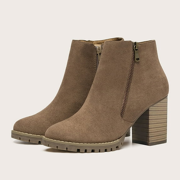 Aayomet Womens Boots Winter Oversized Women's Shoes With Increased Fashion Short Boots Thick Heels Round Toe and (Khaki, 6.5)